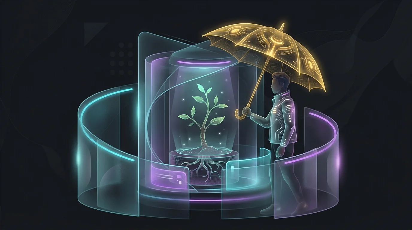 Person balancing a golden umbrella over a growing sapling, illustrating the complex risks of cash value life insurance.