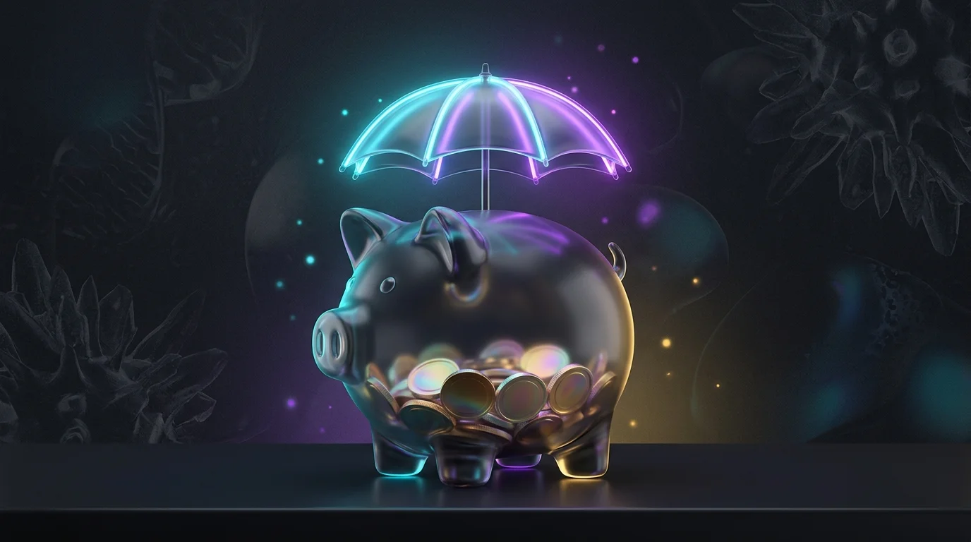 Glass piggy bank with an umbrella representing cash value life insurance savings and protection.
