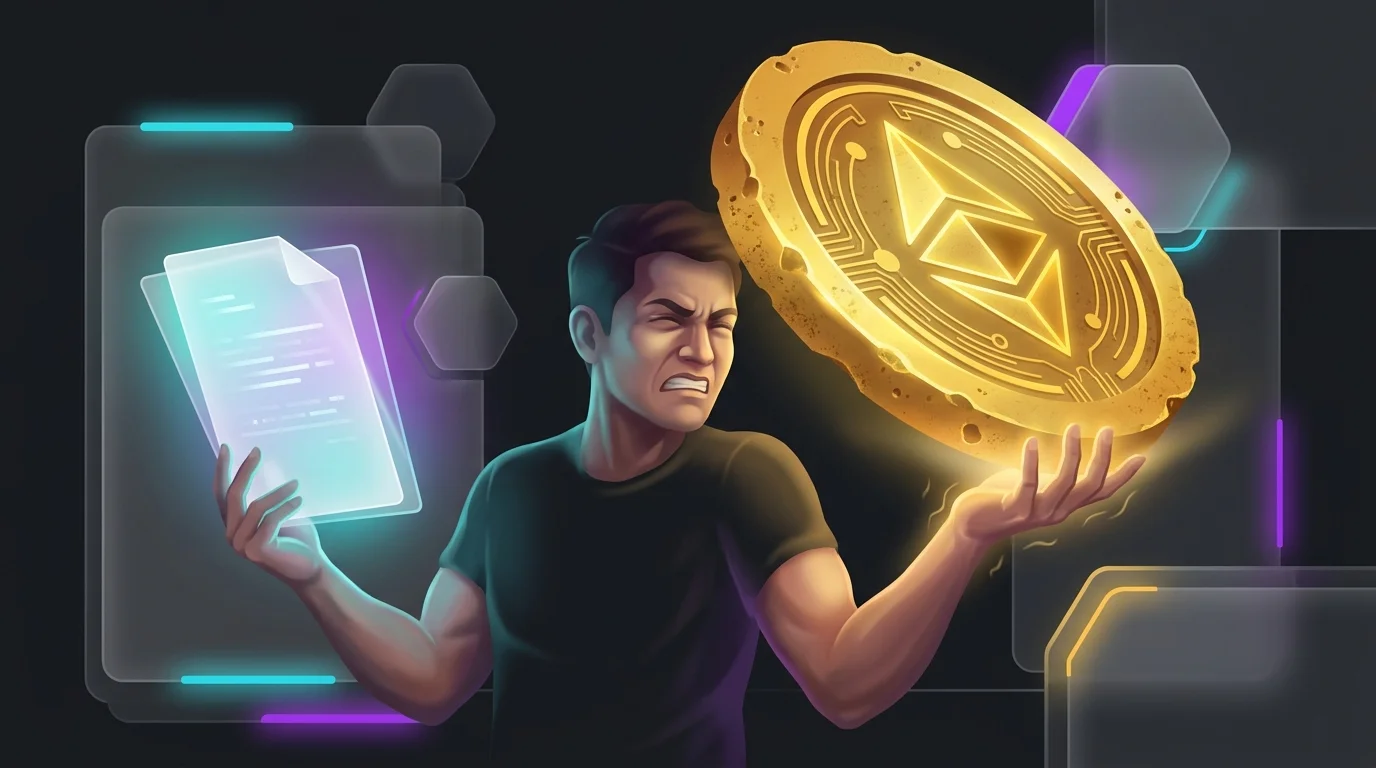 Person balancing a heavy gold coin against a light insurance document to show high cash value life insurance costs.