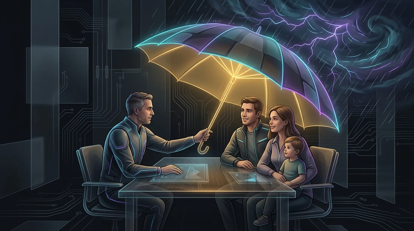 Insurance agent offering a protective umbrella to a family, symbolizing security when selling life insurance.