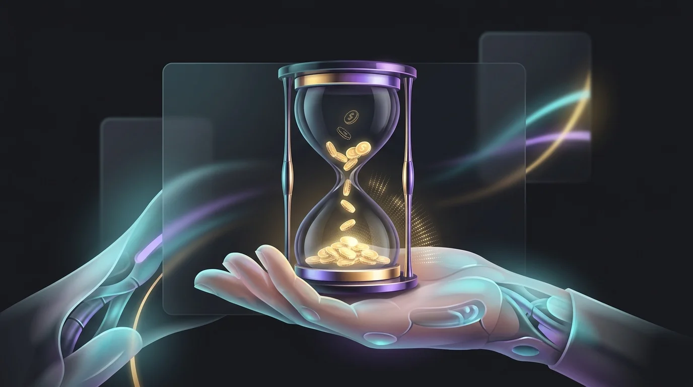 Hand holding an hourglass filled with gold coins to represent the time needed for life insurance cash value growth.