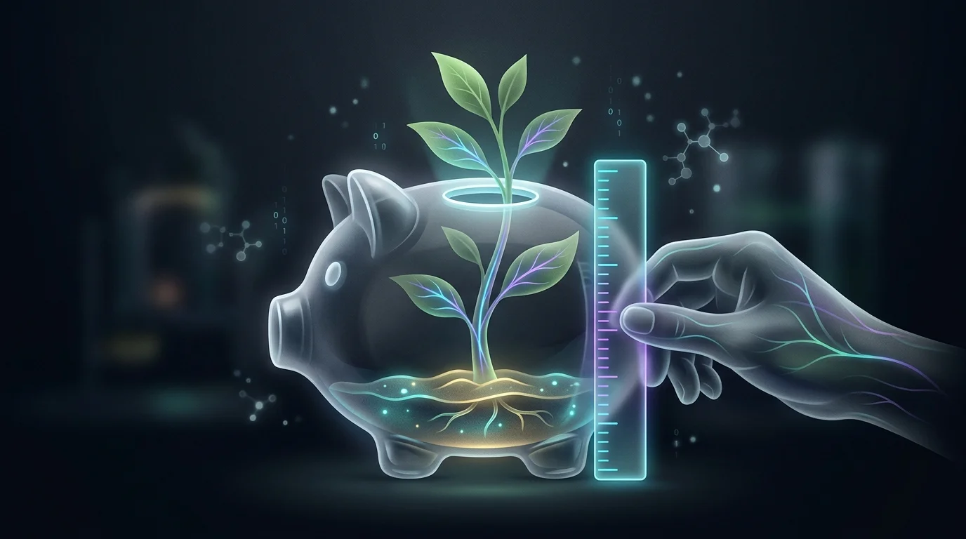Hand measuring a sapling inside a glass piggy bank, illustrating the time needed to build life insurance cash value.