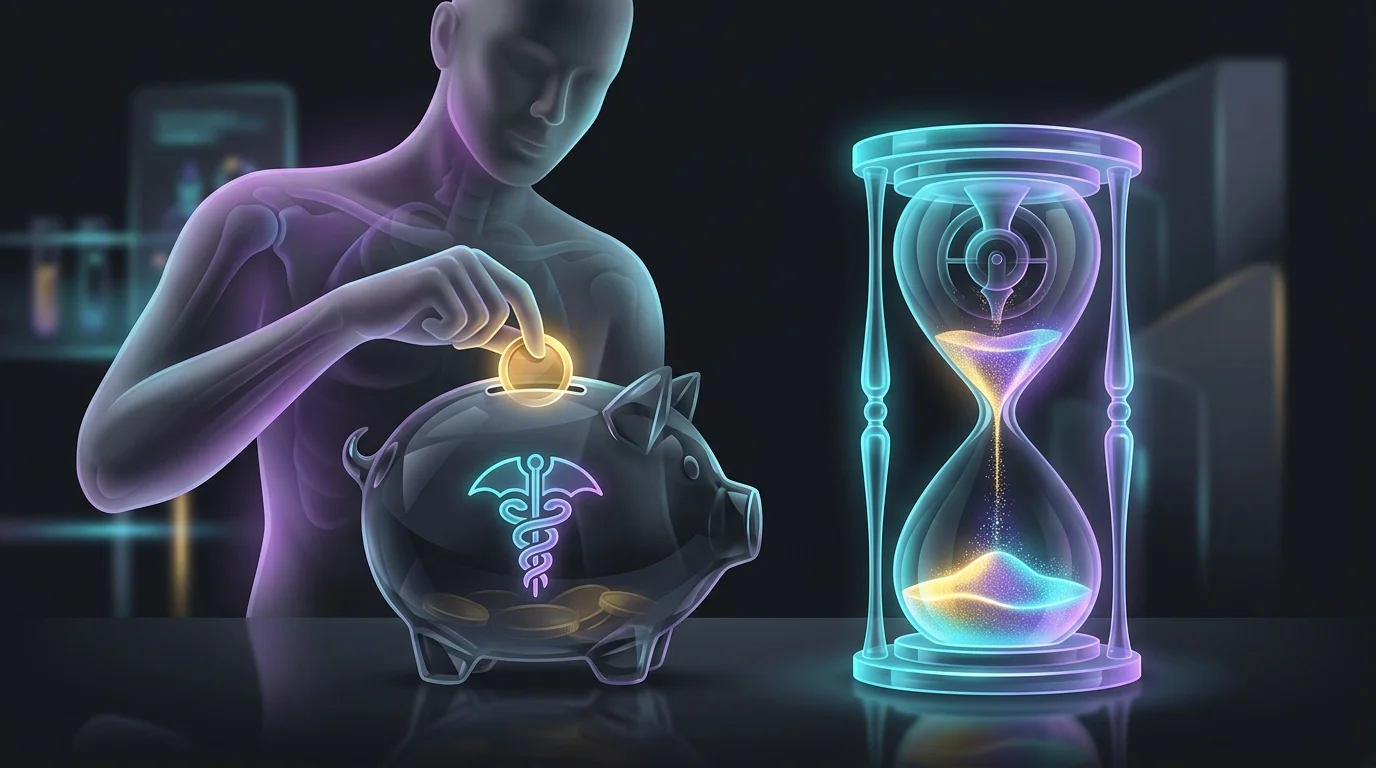 Person removing a coin from a life insurance piggy bank with an hourglass representing accruing loan interest.