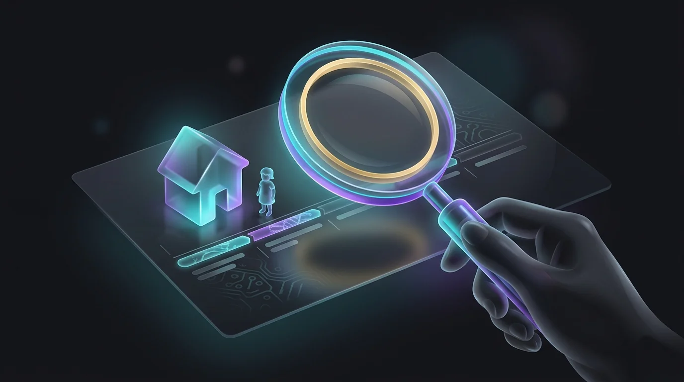 Magnifying glass over a 30-year term life insurance document showing a house and child for financial planning.