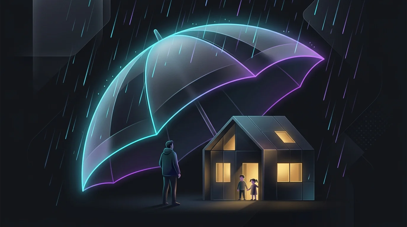 A person holding a large umbrella over a house and children to represent term life insurance financial protection.