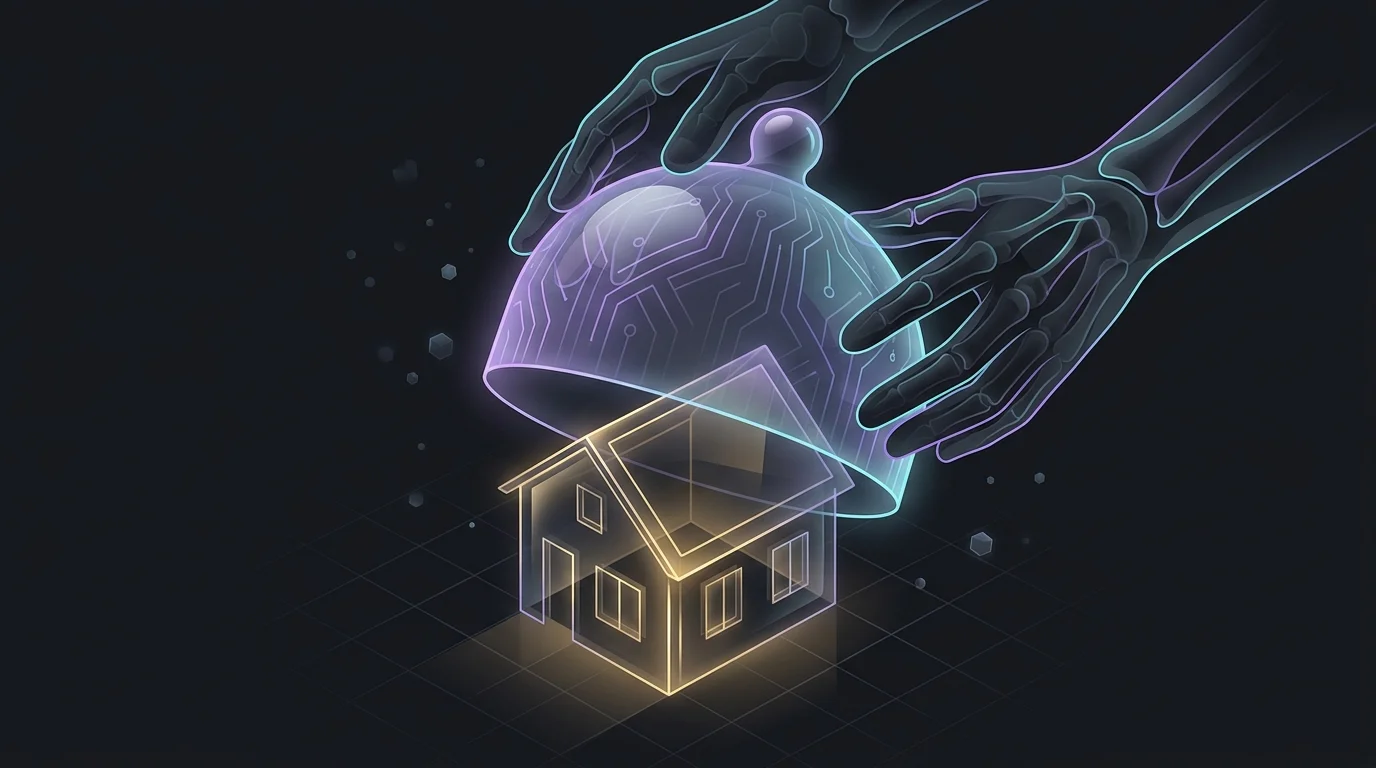 Hands placing a glass cloche over a miniature house to represent term life insurance coverage and financial security.