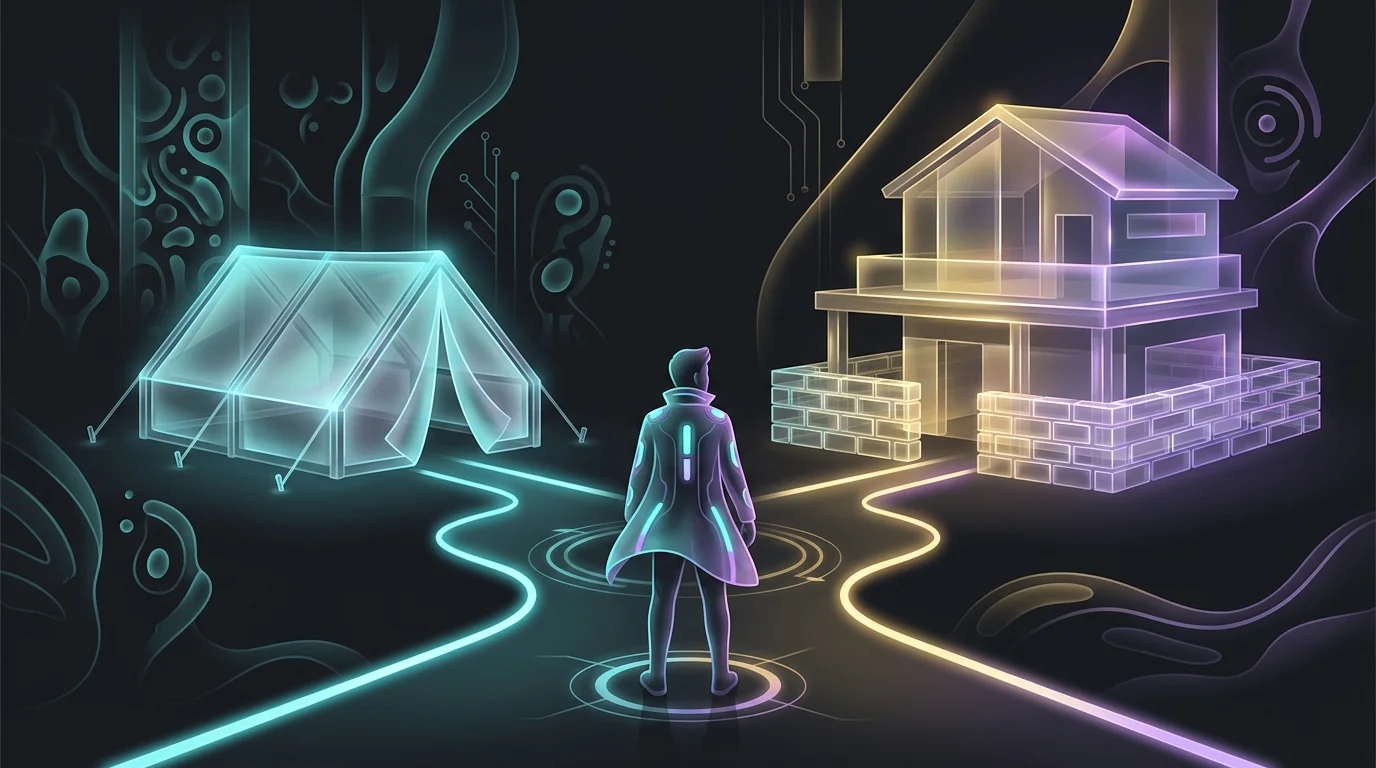 Person choosing between a temporary tent and permanent house to illustrate term versus whole life insurance options.
