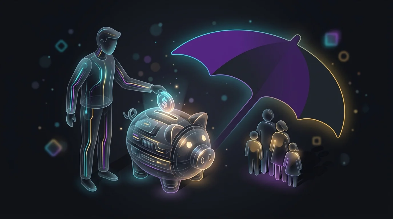 Piggy bank casting an umbrella shadow over a family, representing the financial security of life insurance.