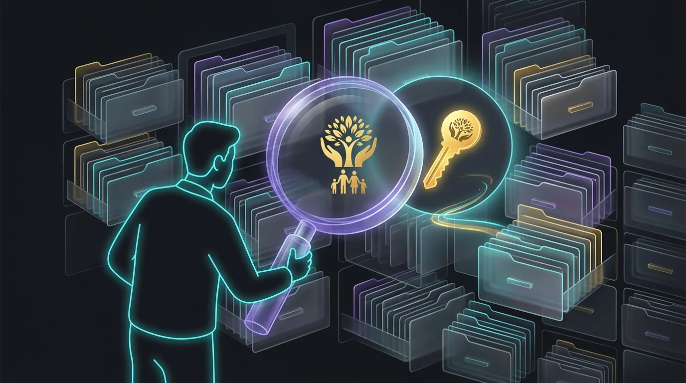 Magnifying glass searching for a life insurance policy key among organized file folders in the locator tool.