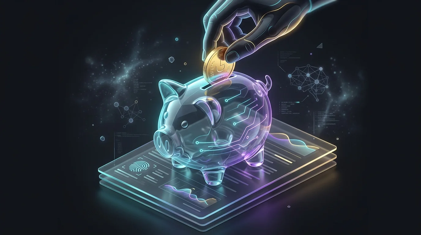 Hand placing a gold coin into a glass piggy bank resting on a life insurance policy to represent cash value growth.