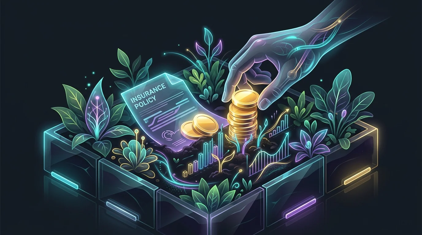 Gold coins from a life insurance policy sprout into financial charts and bonds in a garden, illustrating investment growth.