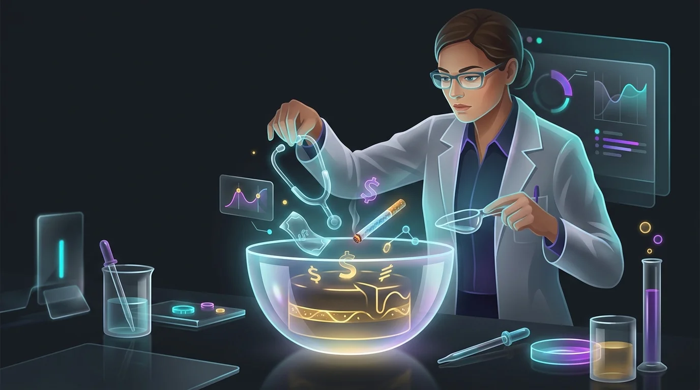 Actuary mixing life insurance premiums and risk factors to calculate policy costs in a laboratory setting.