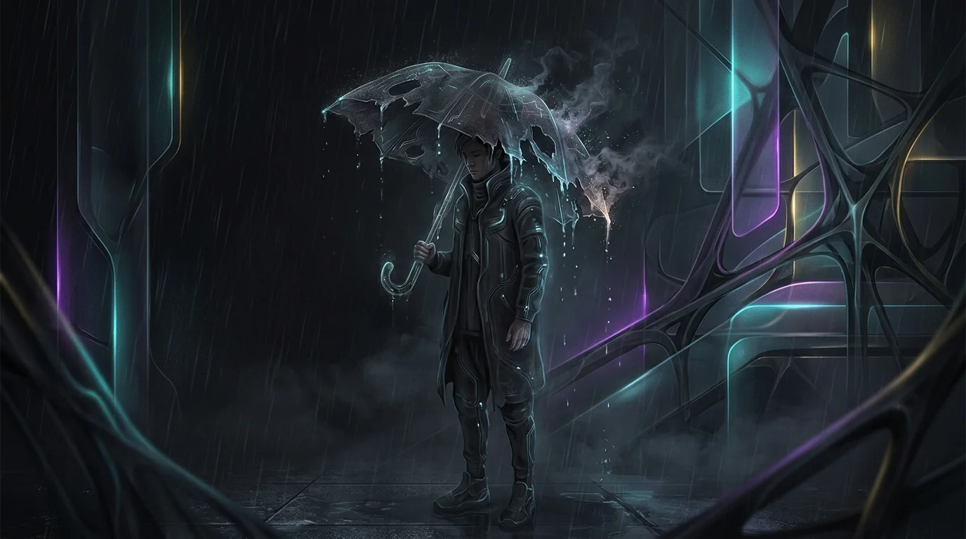 Person holding a leaking, dissolving umbrella representing a lapsed life insurance policy and lost coverage.
