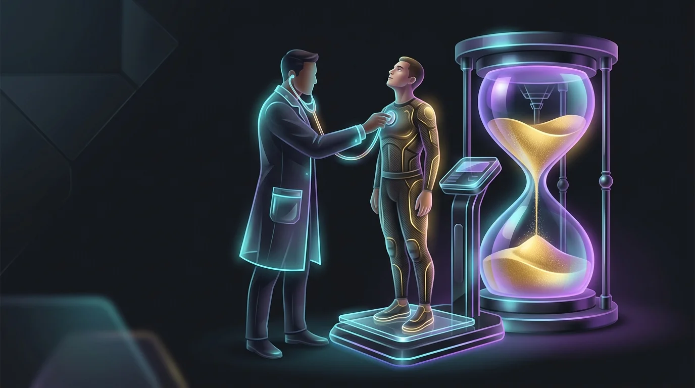 Doctor performing a health exam next to an hourglass to represent how age and health impact life insurance rates.