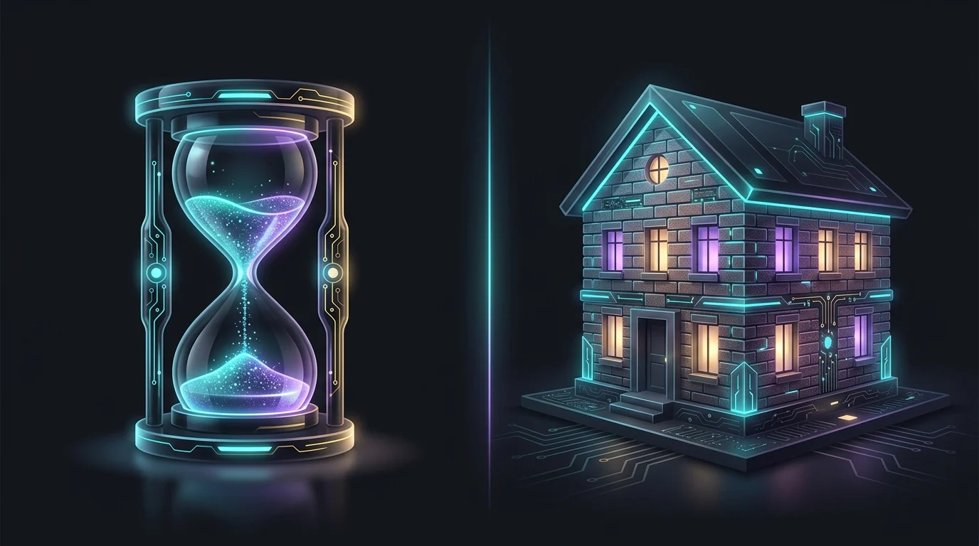 Hourglass and brick house representing the difference between term and permanent life insurance policies.