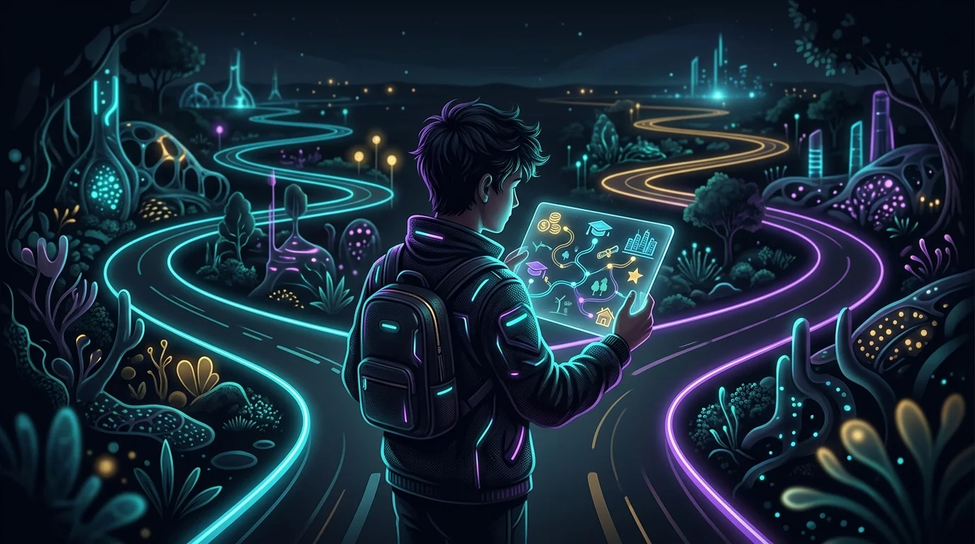 Young person at a crossroads using a map to weigh life insurance options and future financial planning.