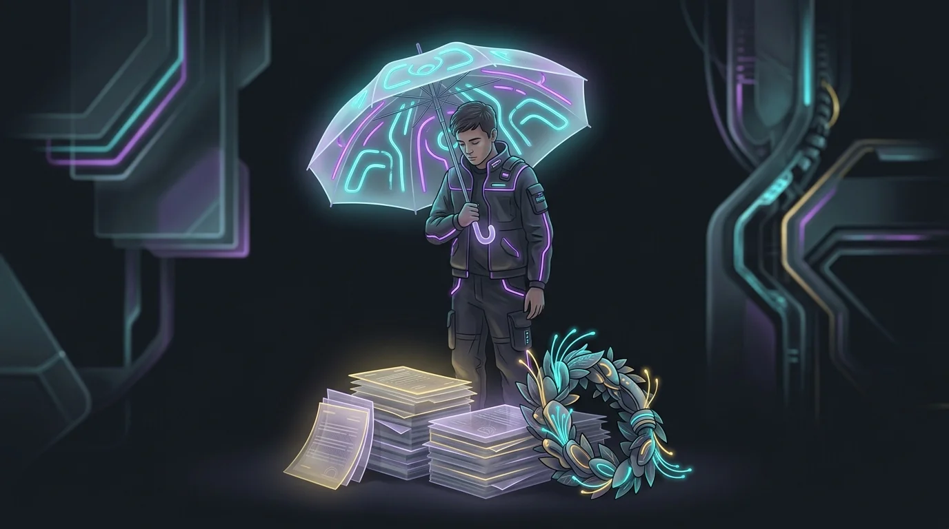 Young adult holding a glowing umbrella over debt and funeral wreath to symbolize life insurance protection.