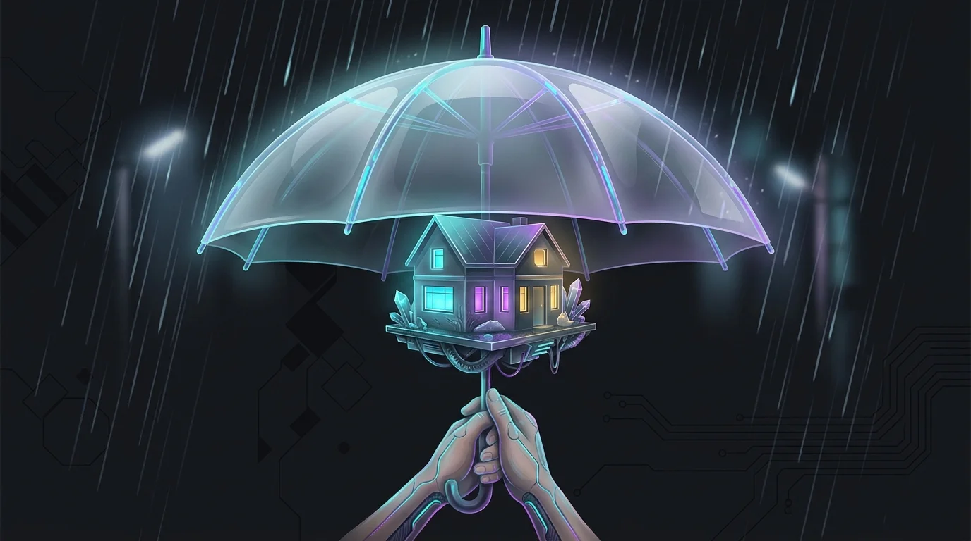 Hands holding an umbrella over a house to represent how mortgage life insurance protects your family and home.