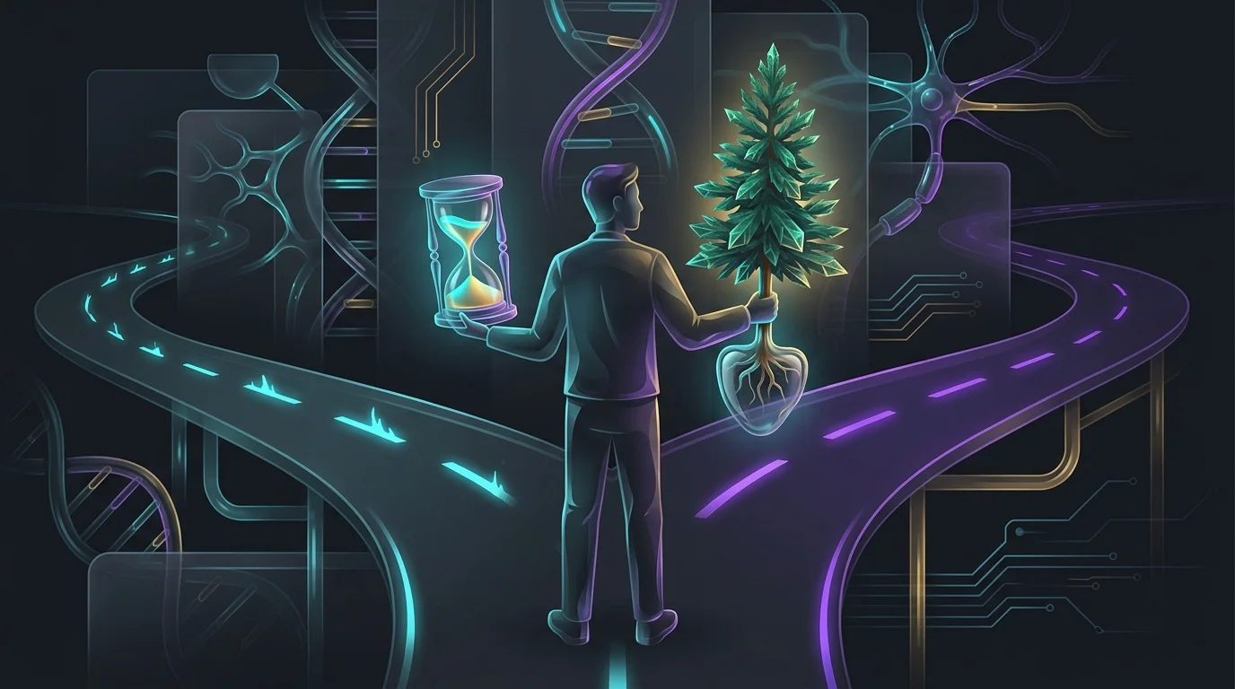 Person at a crossroads choosing between a short-term hourglass and an evergreen tree for life insurance coverage.