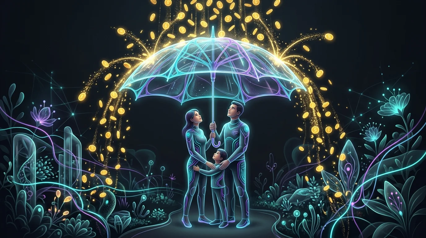 Family standing under an umbrella catching golden coins to represent how life insurance provides financial protection.