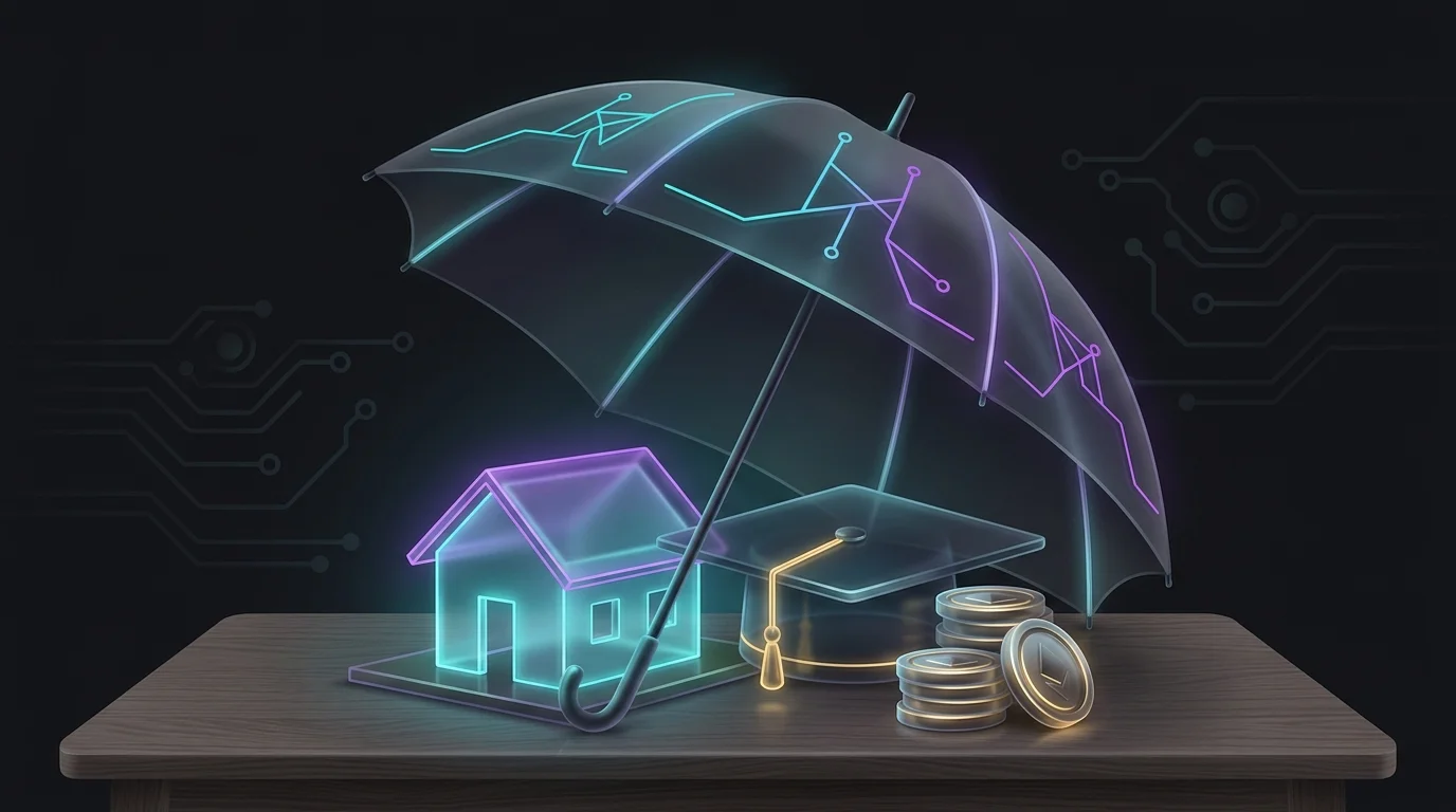 Open umbrella protecting a house, graduation cap, and coins to symbolize how life insurance provides financial security.