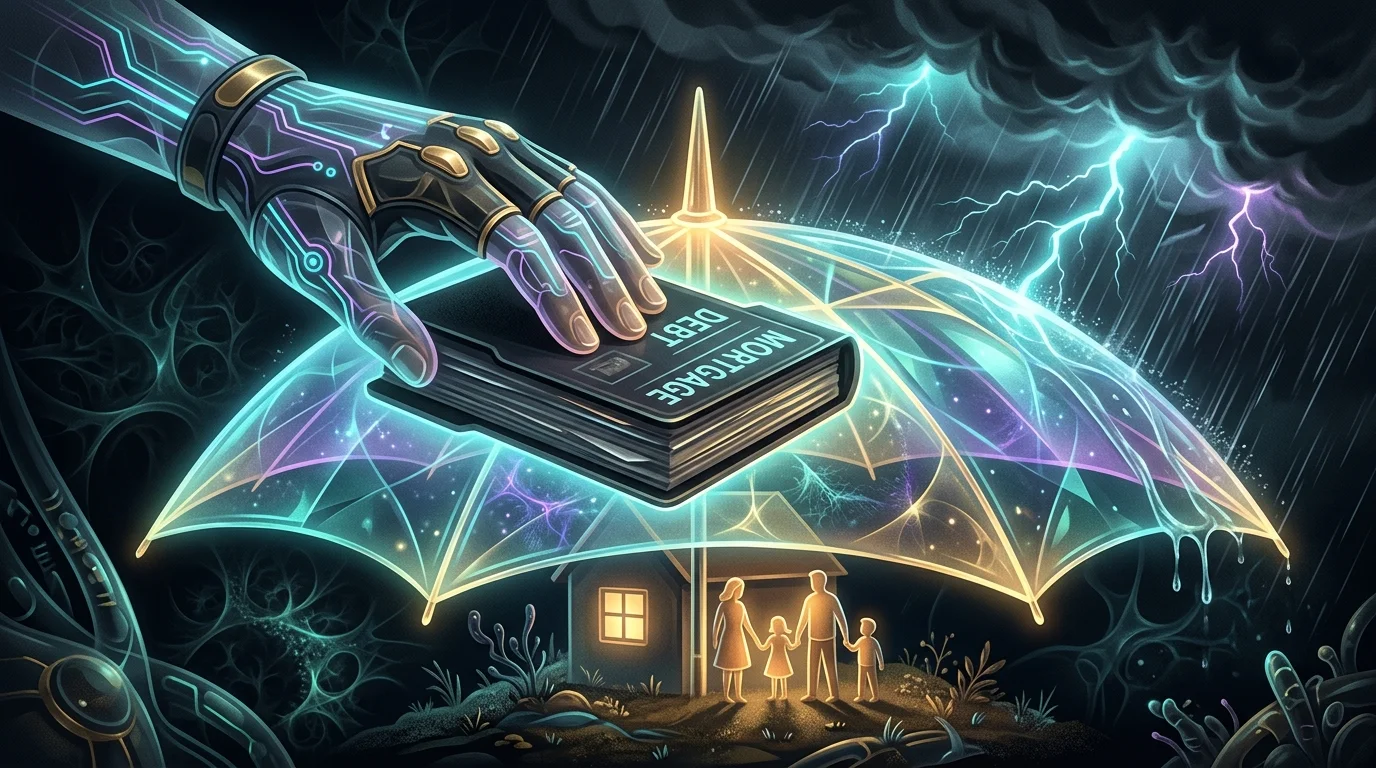 Hand placing a debt folder under a glowing umbrella shield to protect a family and their home with life insurance.
