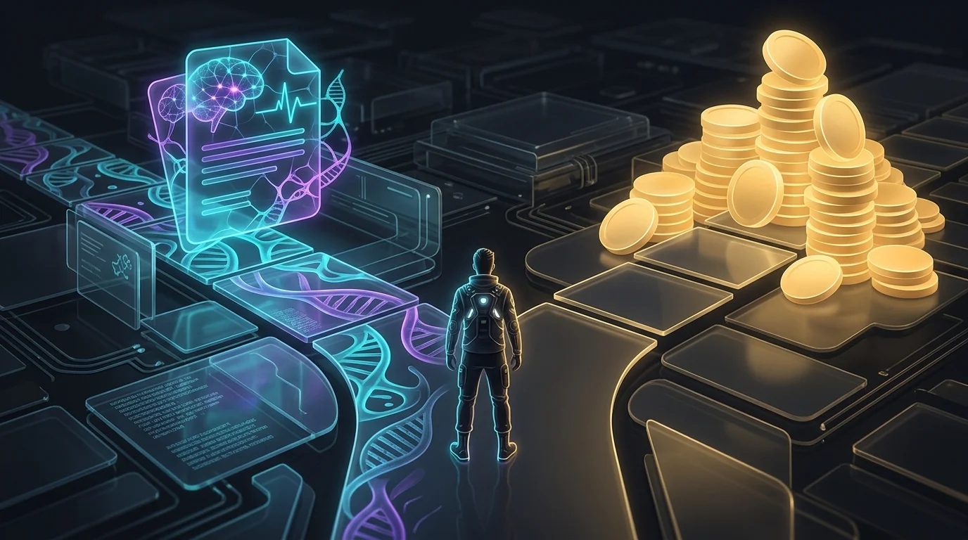 Person at a crossroads choosing between a life insurance policy and gold coins to fund short-term financial needs.