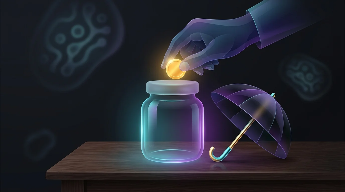 Person placing a gold coin into a glass jar next to an umbrella, representing annuity savings and life insurance.