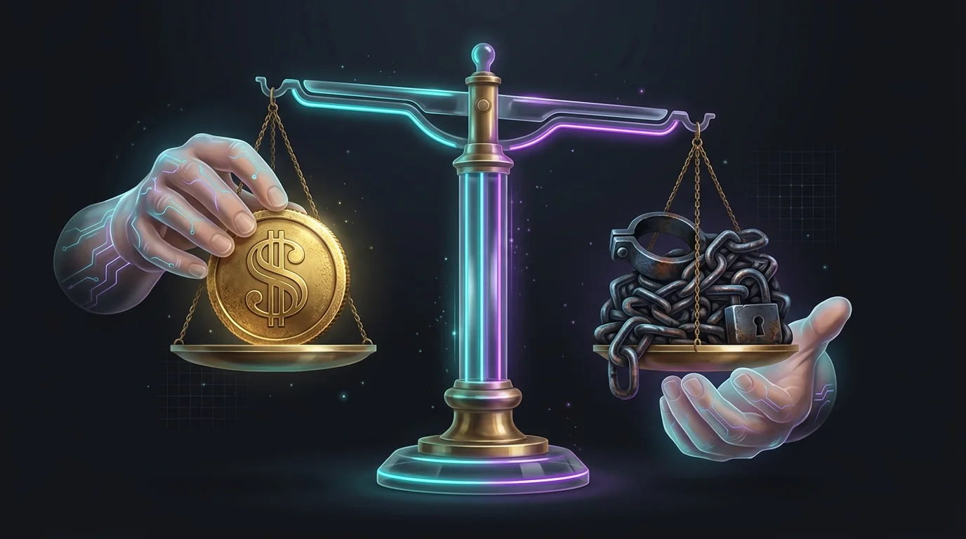 Brass scale balancing a gold dollar coin against heavy chains to represent annuity fees and illiquidity risks.