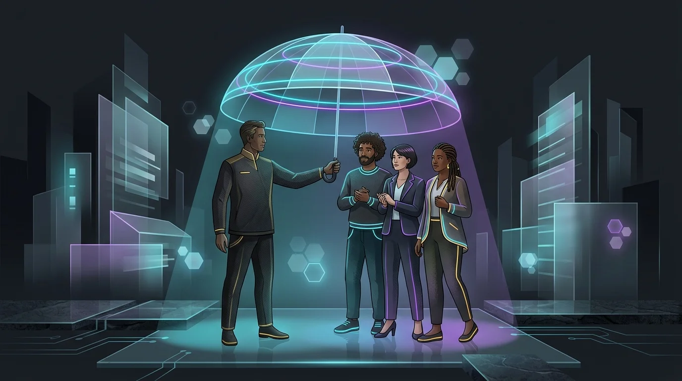 Diverse office employees standing together under a protective umbrella representing group term life insurance benefits.