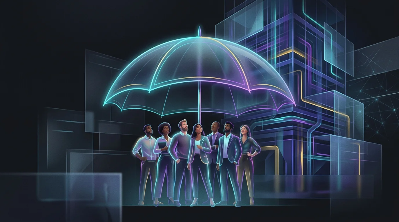 Diverse employees standing under a large umbrella held by an office building representing group term life insurance.