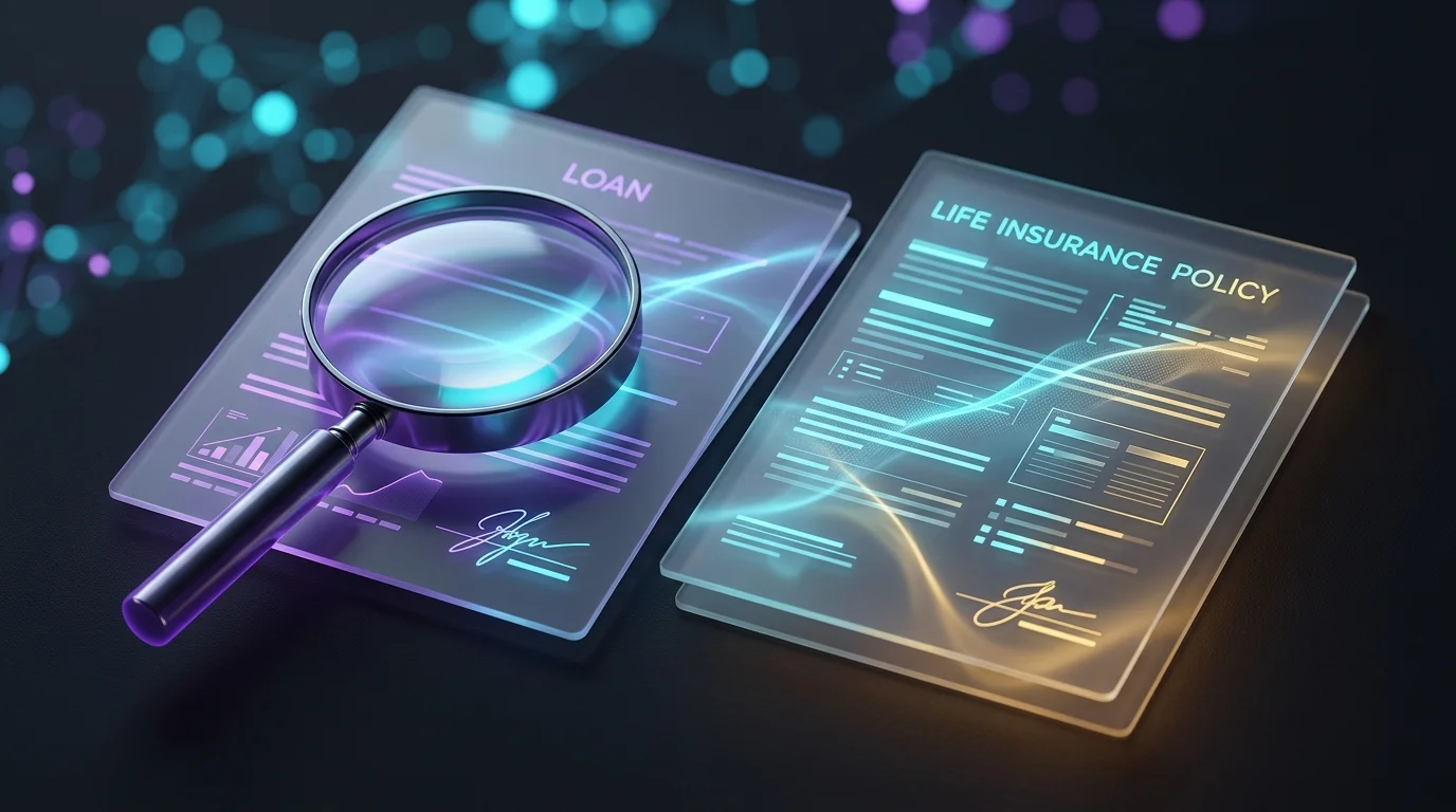 Magnifying glass over a signed loan document and a credit life insurance policy for review.