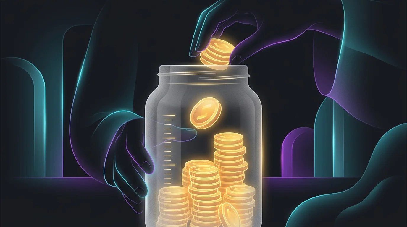Person adding gold coins to a jar with measuring lines to build an emergency fund for financial security.