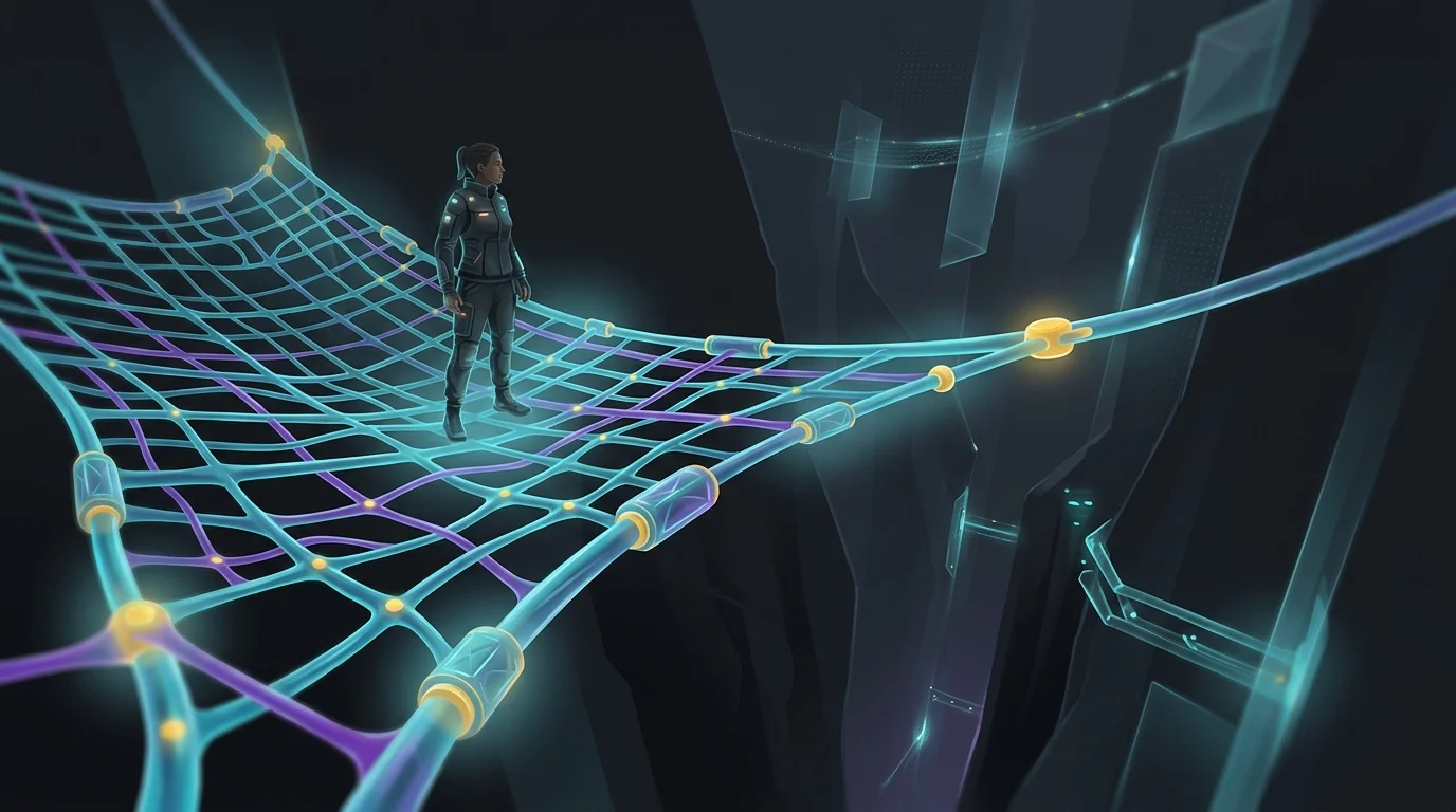 Person standing on a sturdy net over a canyon, representing the security of a solid emergency fund safety net.