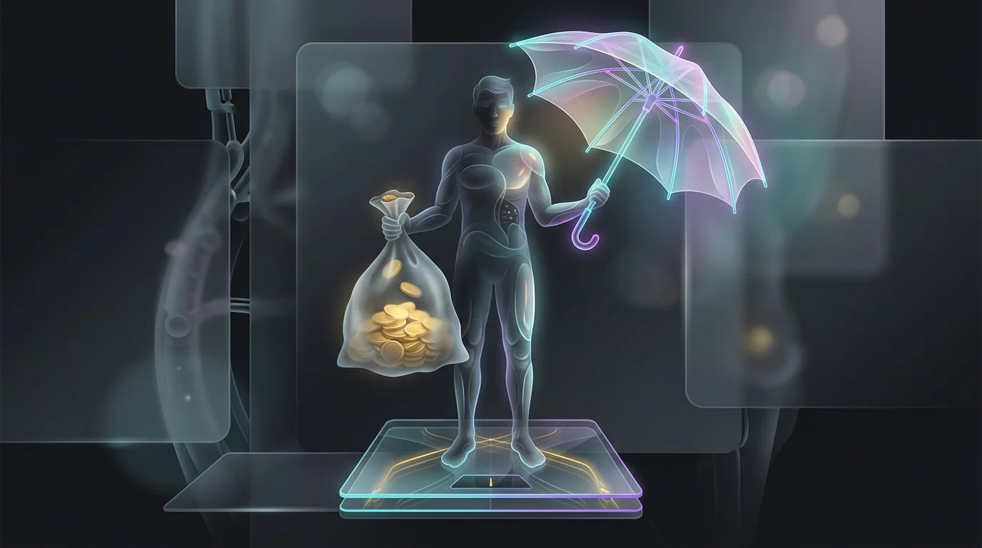 Person balancing gold coins and an umbrella to represent the pros and cons of life insurance policy loans.