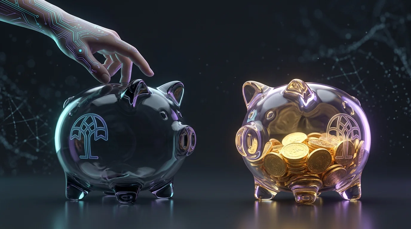Empty piggy bank representing term life insurance next to a cash-value permanent policy filled with gold coins.