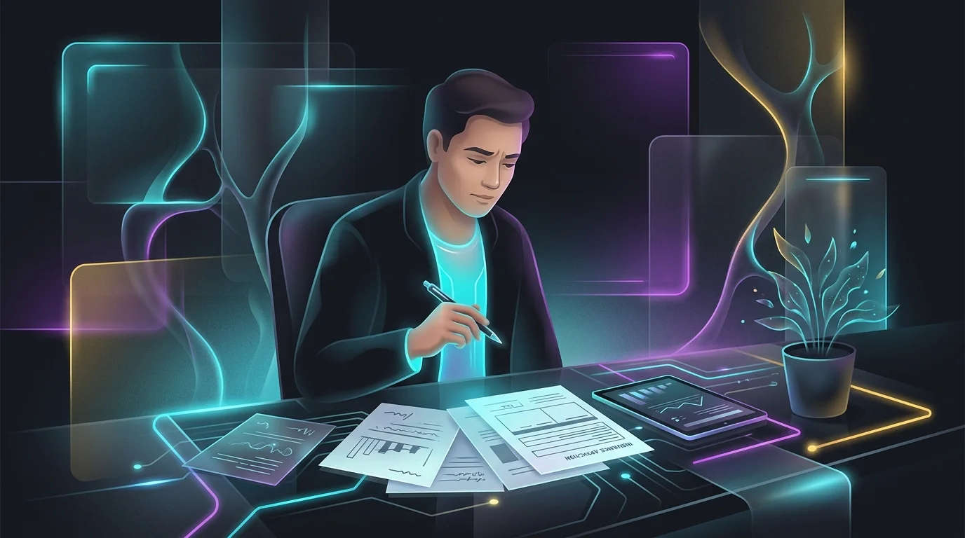 Person reviewing financial documents and a no medical exam life insurance application with a calm expression.