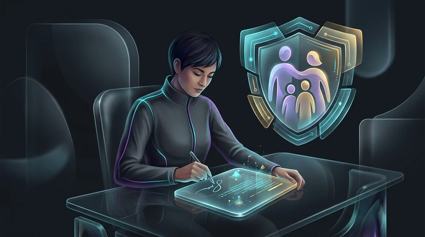 Person signing a digital no medical exam life insurance policy on a tablet with a protective shield icon.