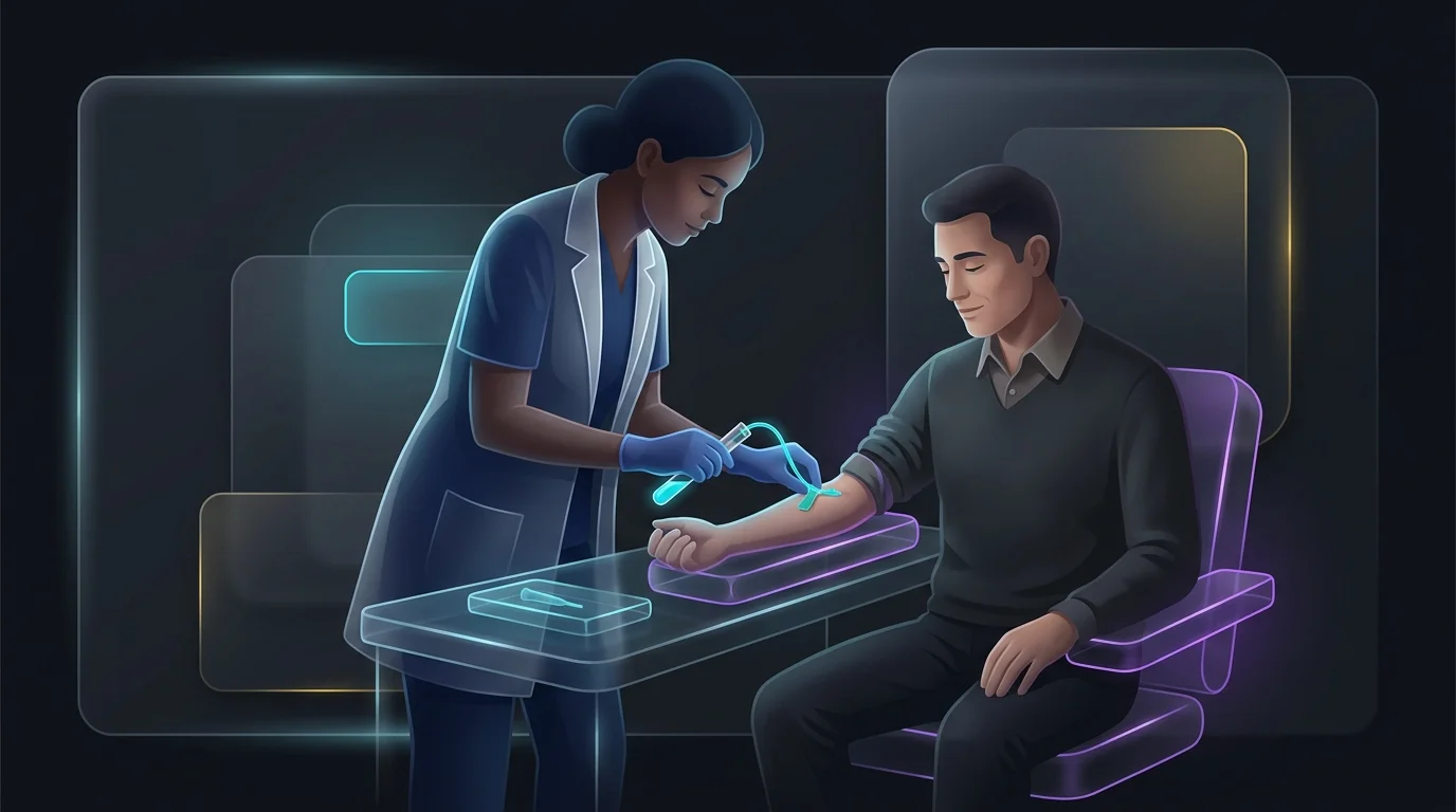 Medical professional drawing blood from a calm patient during a life insurance medical exam.