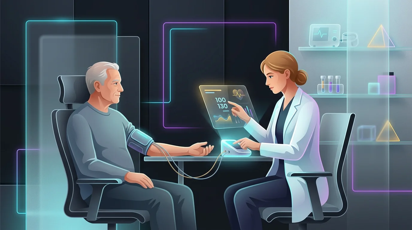 Paramedical professional measuring a patient's blood pressure during a life insurance medical exam.