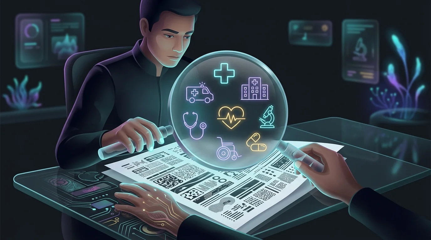 Person using a magnifying glass to simplify complex health insurance policy documents and medical service icons.