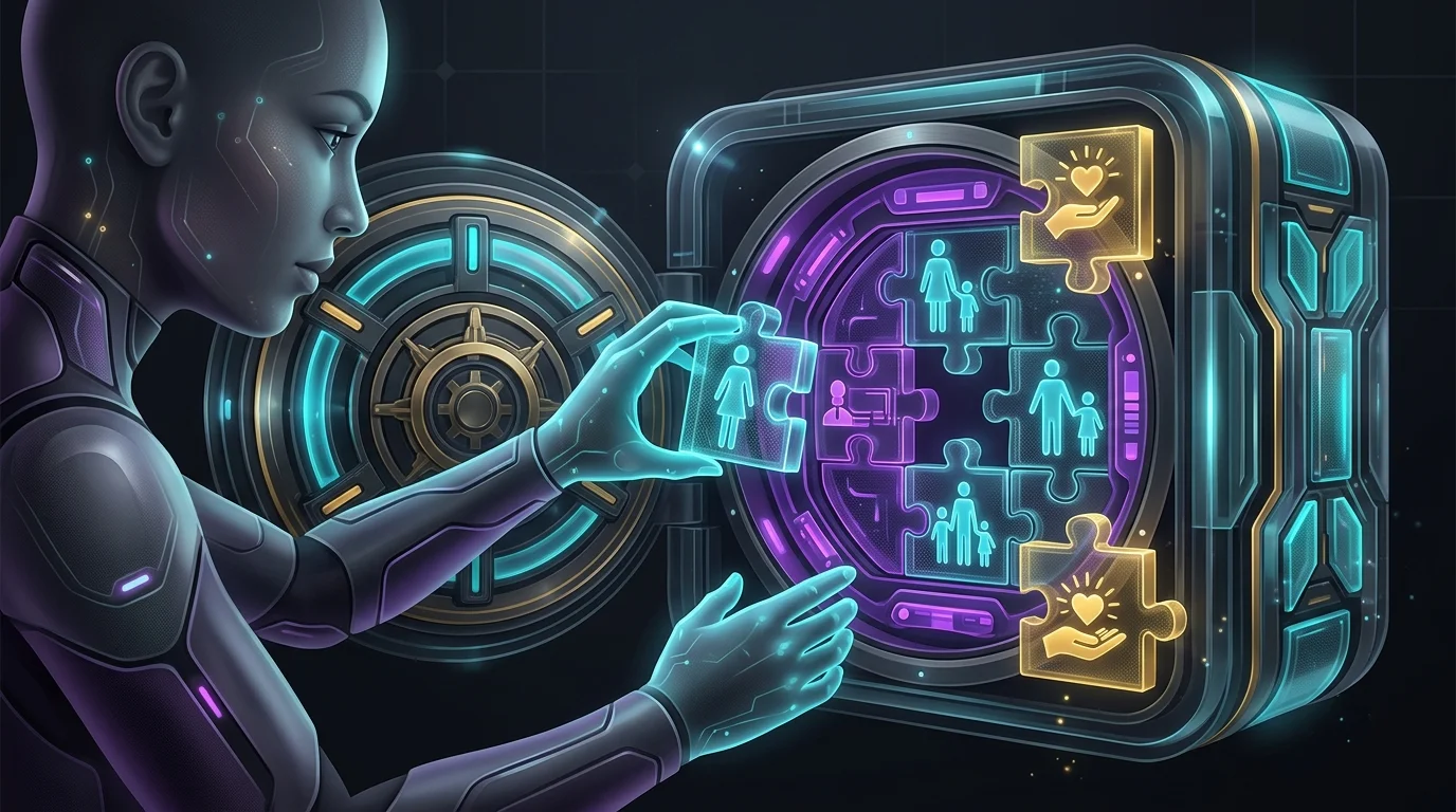 Person placing family and charity puzzle pieces into a secure vault as part of life insurance beneficiary planning.