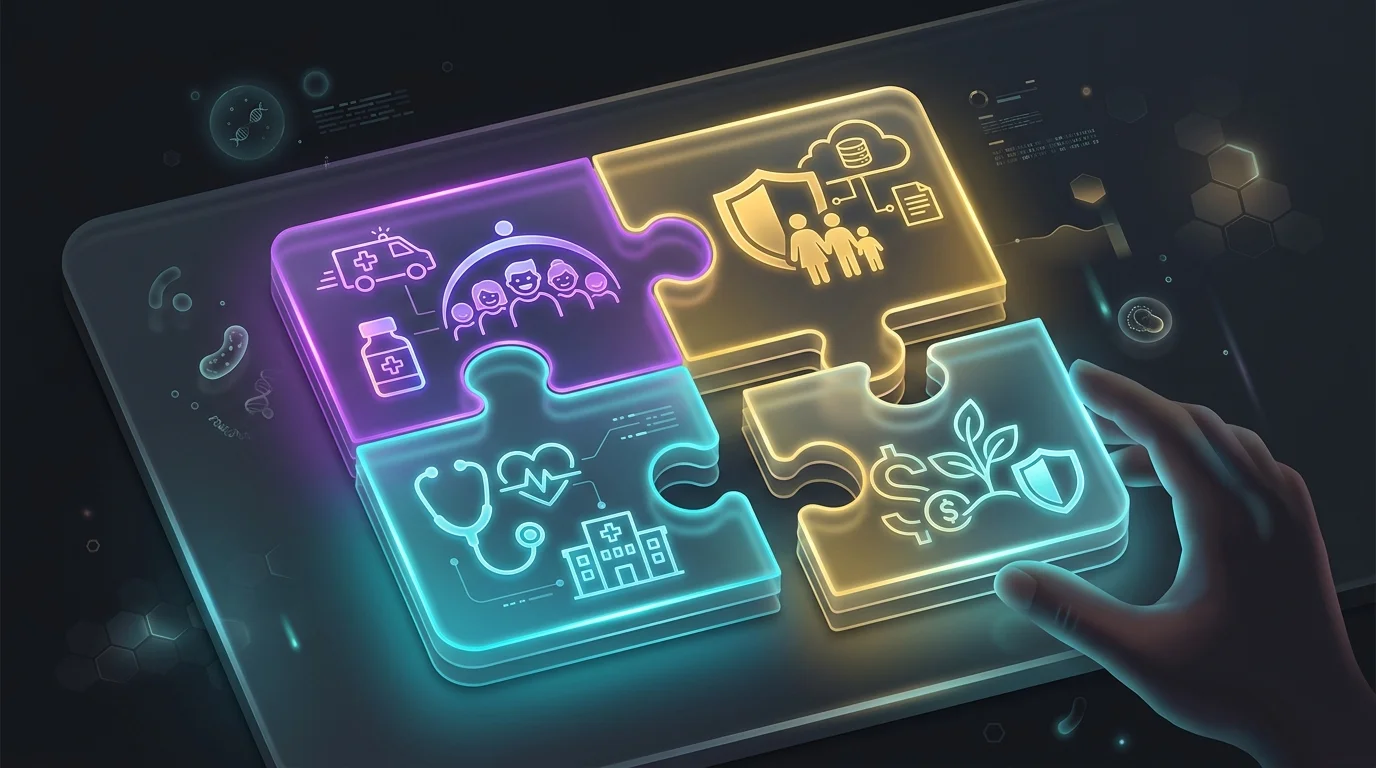 Four puzzle pieces labeled A, B, C, and D fitting together to represent a complete Medicare insurance plan.