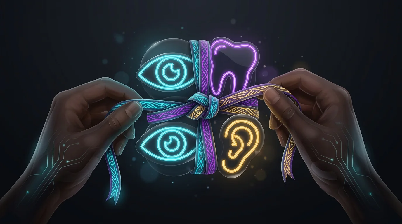Hands tying a ribbon around vision, dental, and hearing icons to illustrate bundled Medicare Advantage benefits.