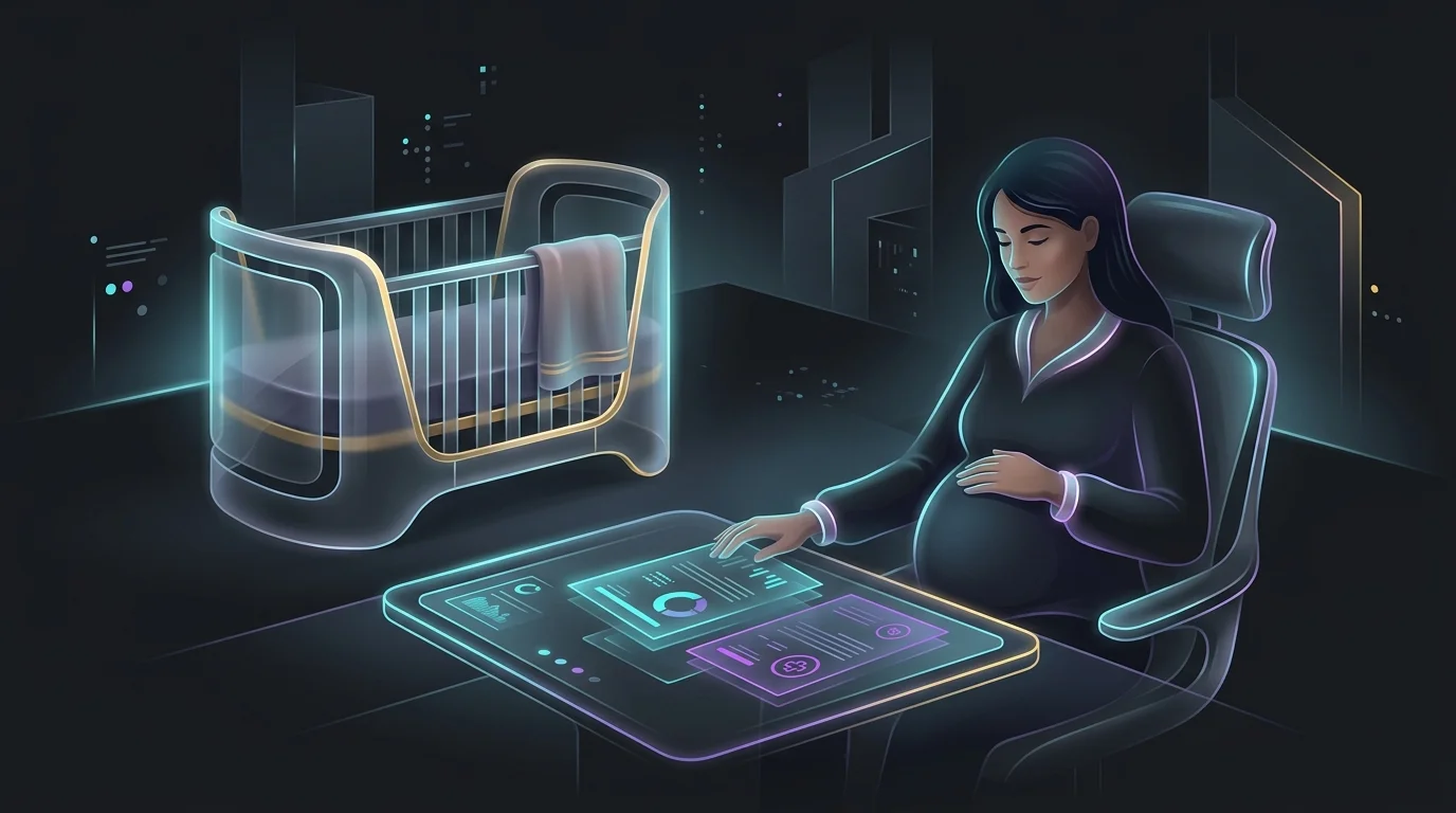 Pregnant woman reviewing health insurance documents near a baby crib to plan for pregnancy coverage costs.