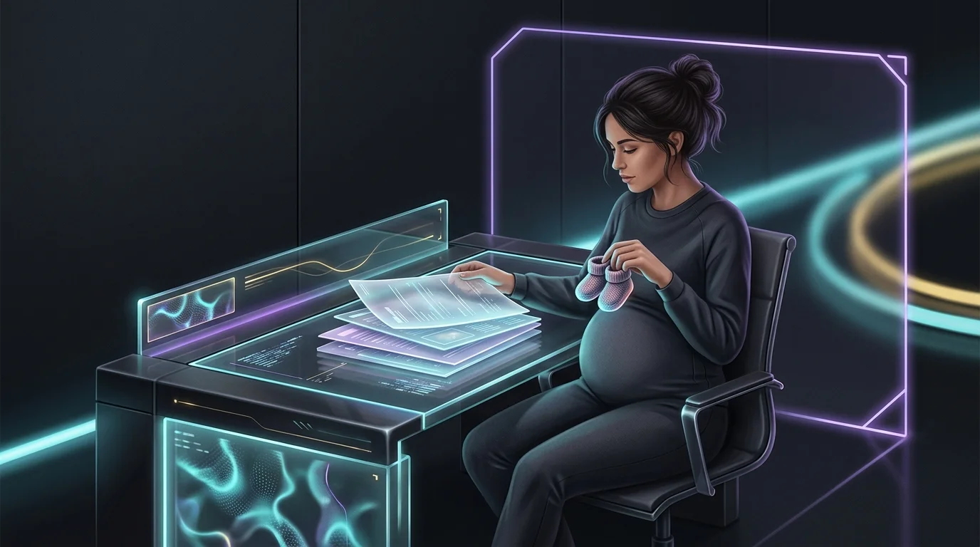 Pregnant woman reviewing pregnancy health insurance documents and baby shoes at a desk.