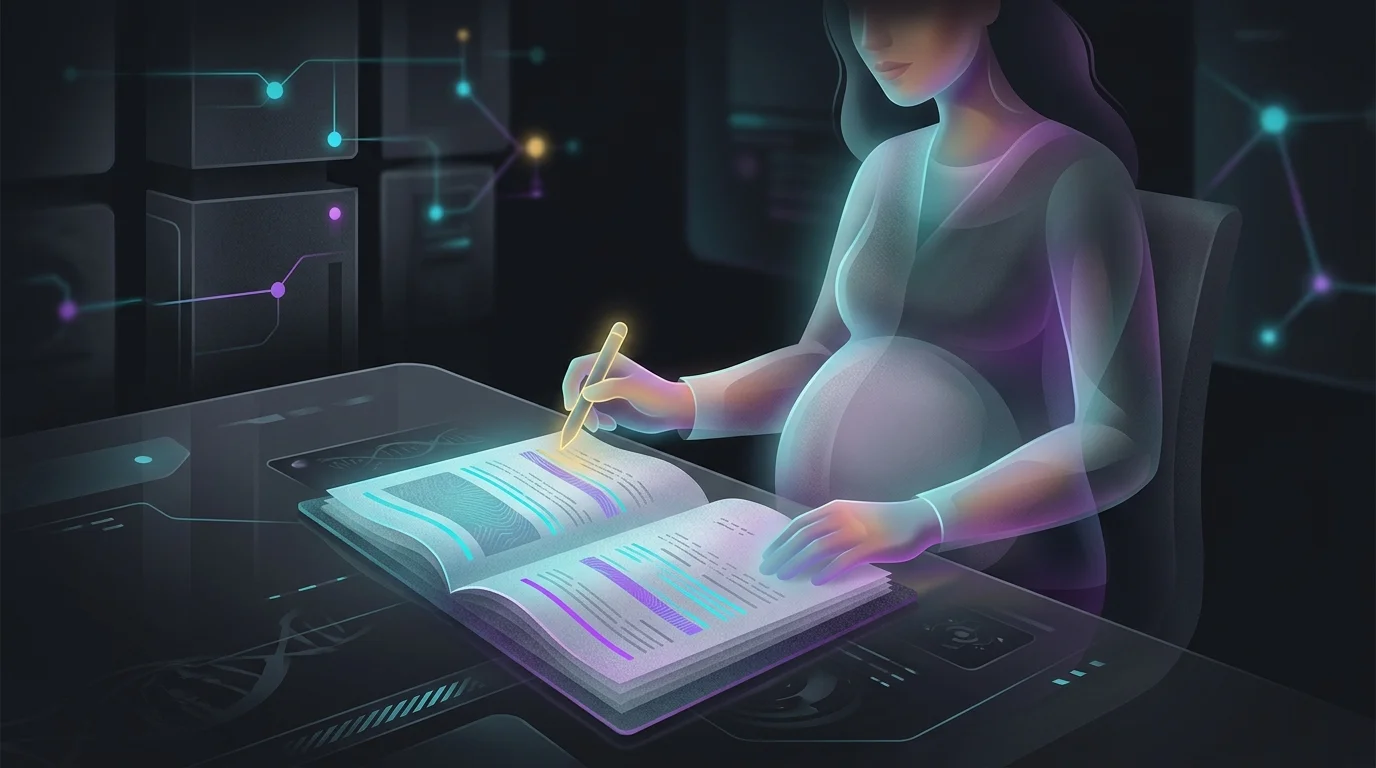 Pregnant woman using a highlighter to review health insurance coverage documents for prenatal care.