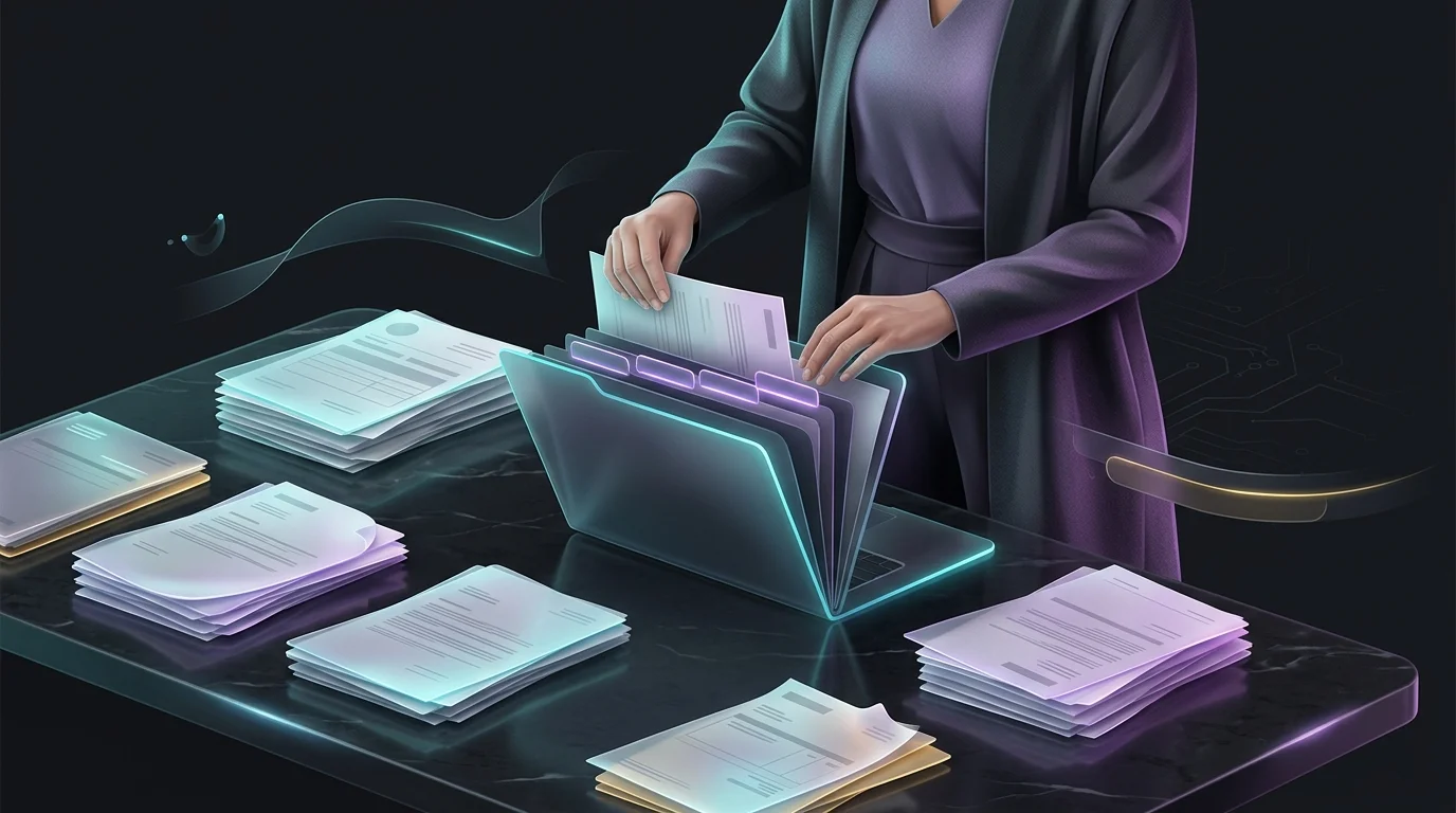 Person organizing medical records and denial letters into a file folder for a health insurance appeal.