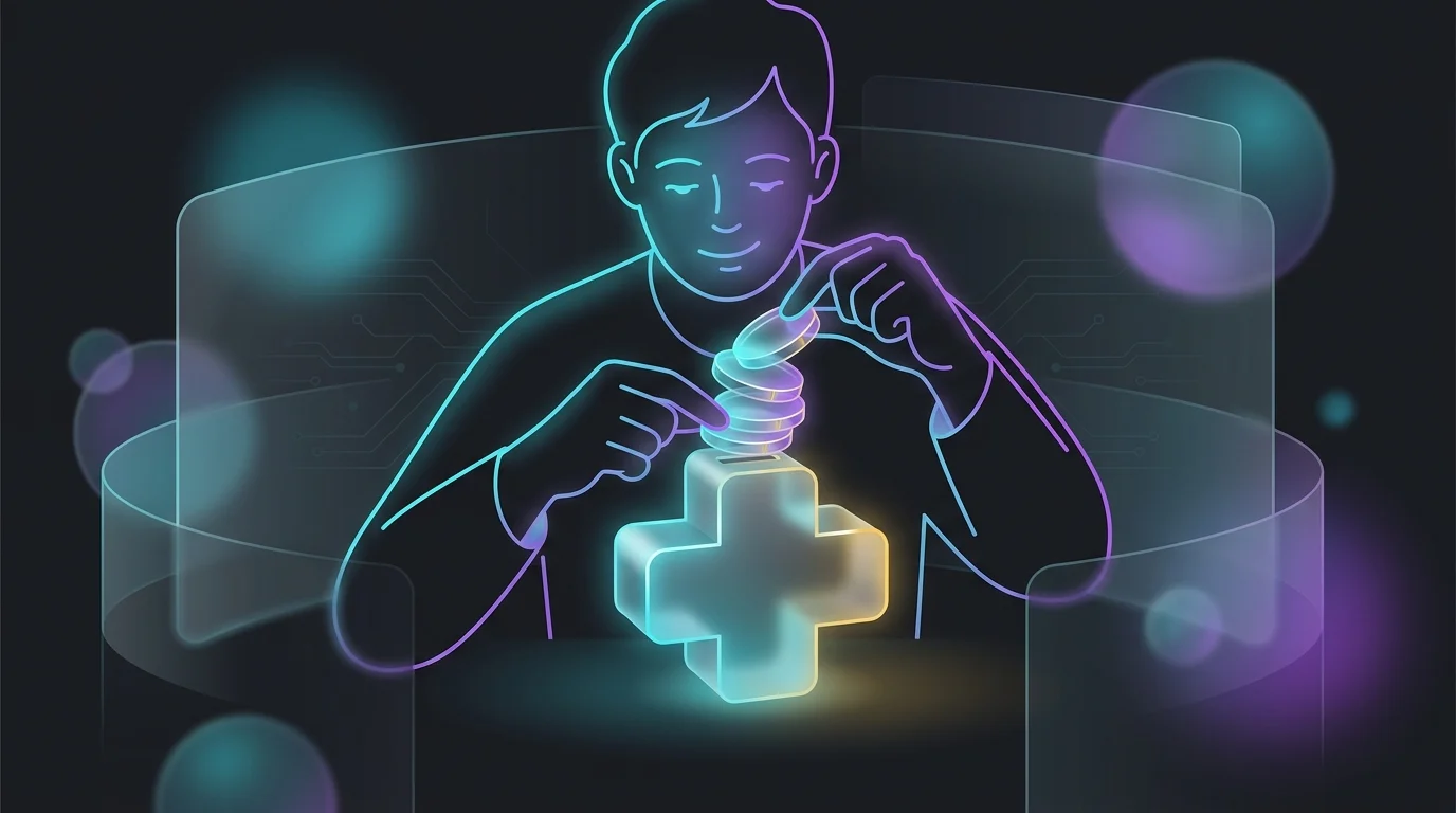Person happily saving money in a medical cross piggy bank to lower healthcare costs with an HSA or FSA.