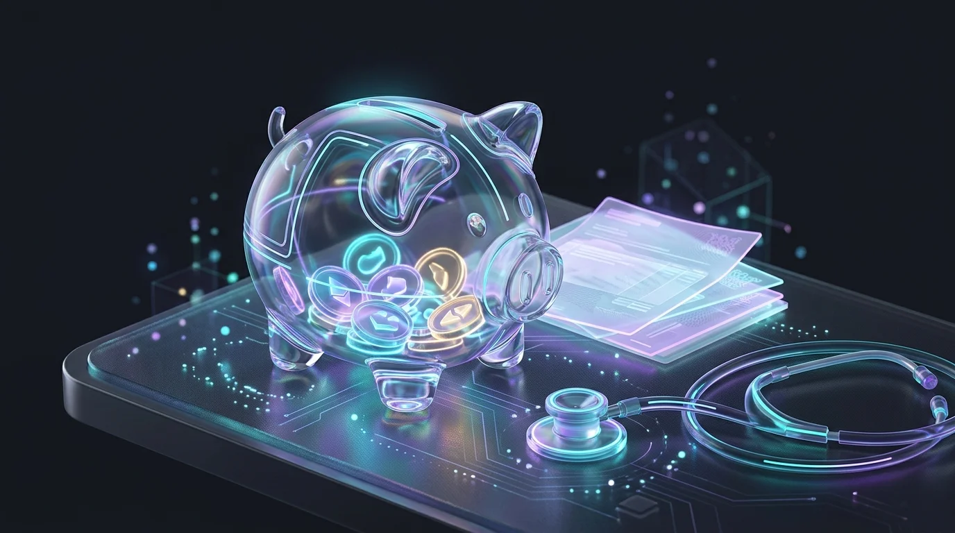 Glass piggy bank with coins, stethoscope, and medical bills representing health savings account investment growth.